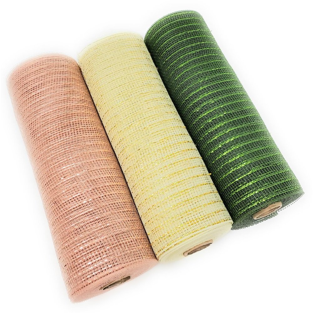 Deco Mesh Ribbon Rose Gold, Cream and Moss Green 10" Wide Metallic Rolls
